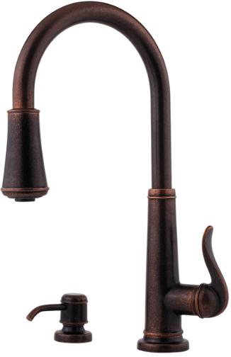 Pfister GT529-YPU Ashfield Rustic Bronze Single Handle Pull-Out Kitchen Faucet with Spray & Soap Dispenser