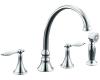 Kohler Finial Traditional K-377-4P-CP Polished Chrome Kitchen Sink Faucet with Lever Handles with White Inserts and Sidespray