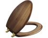 Kohler Vintage K-4755-BR-WC Dark Walnut Solid Oak Toilet Seat, Elongated Closed-Front Seat with Cover and Vibrant Polished Brass Hinges