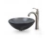 Kraus C-GV-104-12mm-1005SN Clear Black Glass Vessel Sink And Riviera Faucet Satin Nickel
