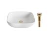 Kraus KCV-127-G Elavo White Ceramic Soft Square Vessel Bathroom Sink W/ Pu Drain Gold